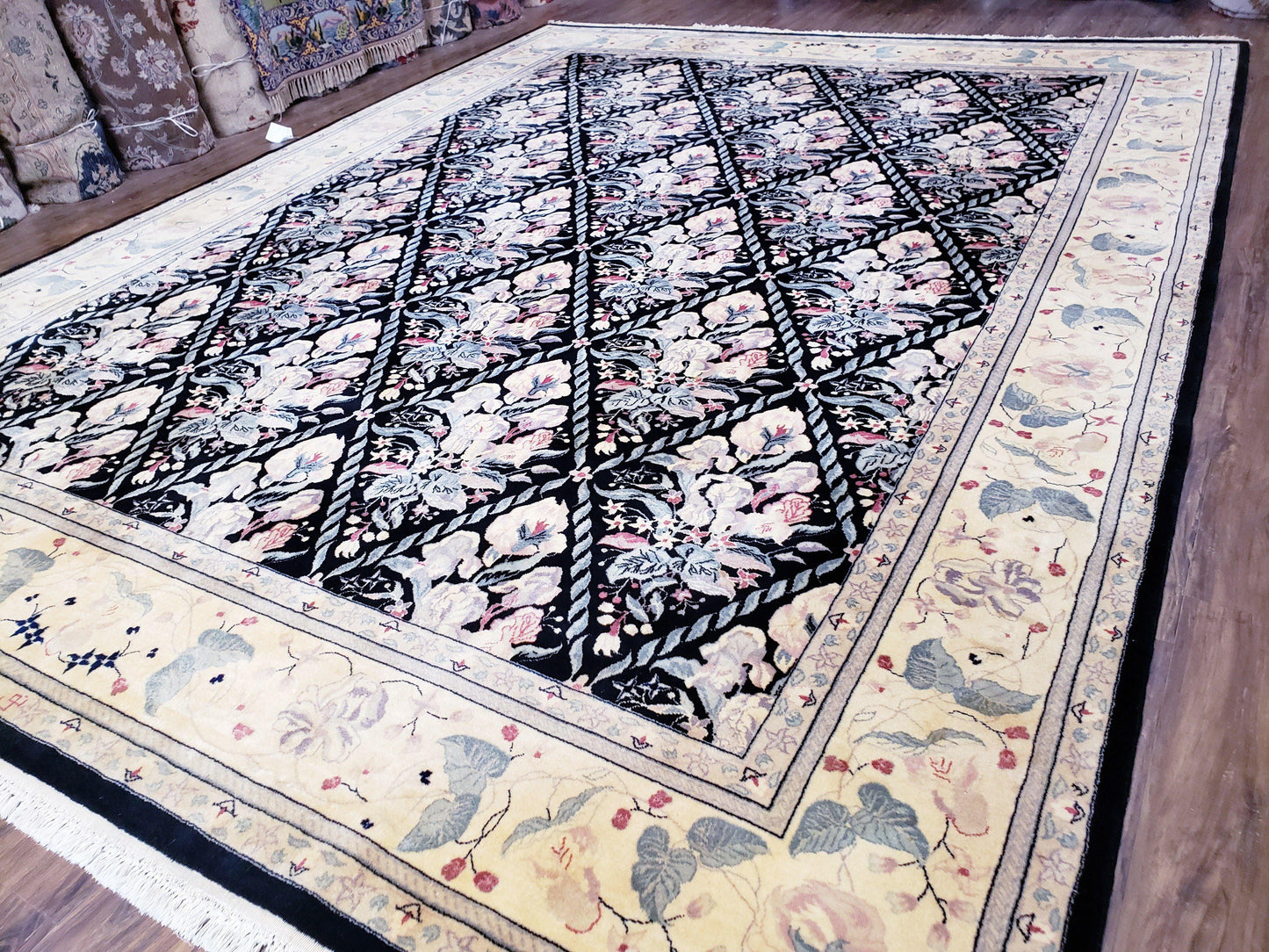 Sino-Persian Kirman Rug 9x12 Floral Handmade Wool Carpet Black & Ivory Vintage
