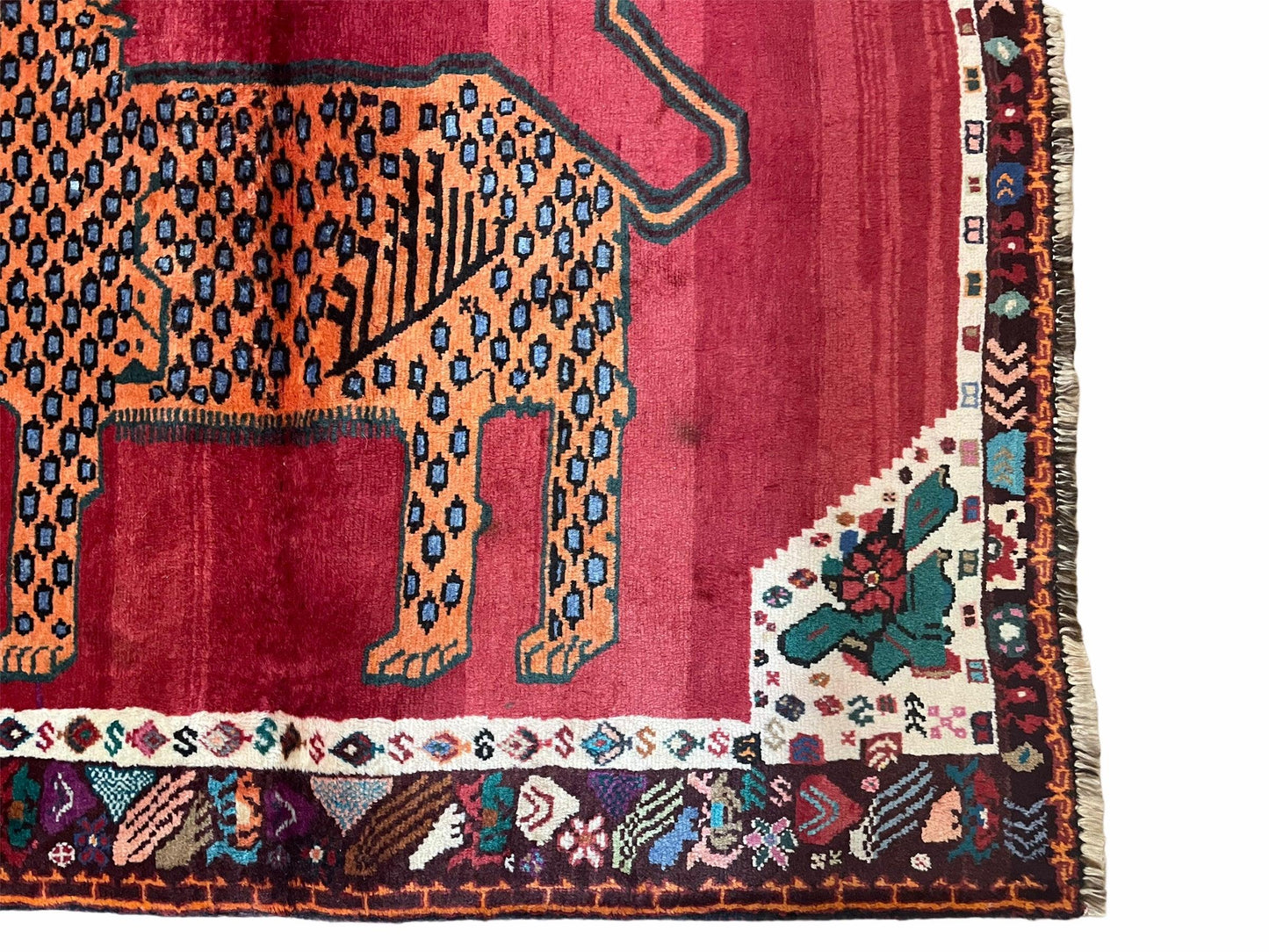 Antique Persian Gabbeh Wool Rug 4x5, Lion Pictorial Rug, Red Orange Black, Hand Knotted Handmade Vintage Gabbeh Carpet 4 x 5 ft, Tribal Rug