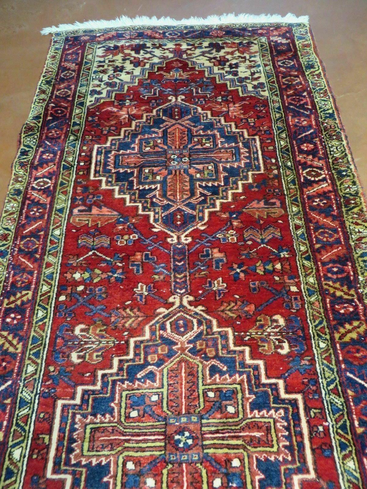 Persian Runner Rug, Heriz Runner Rug, Geometric Medallions, Red Cream Navy Blue Wool Hallway Rug 3.9 x 10.8 Antique Oriental Runner Handmade