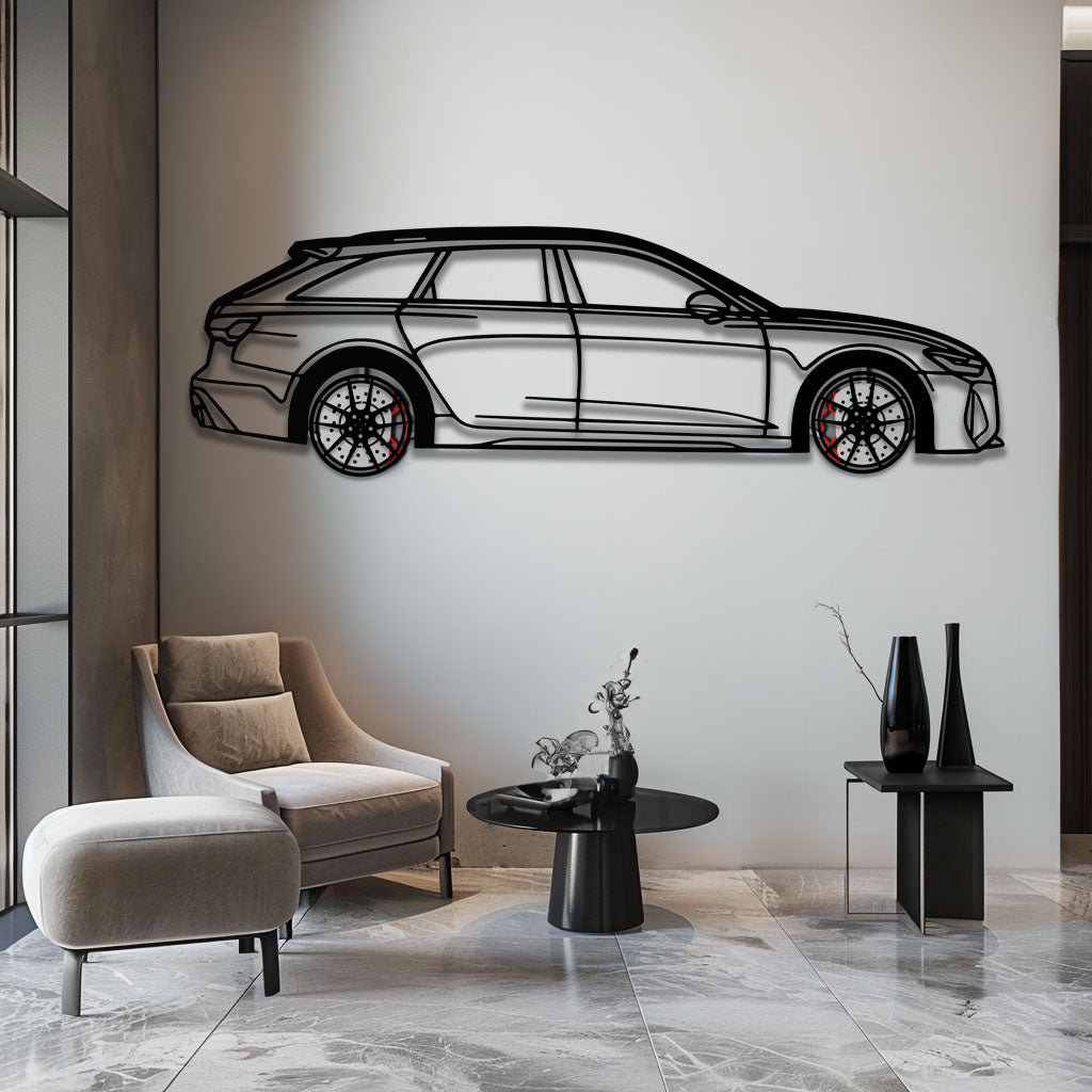 Audi RS6 Avant Metal Car Wall Art with Rotating Wheels - Super Wagon Silhouette Decor - Interactive Automotive Wall Art - KAFMEKA098