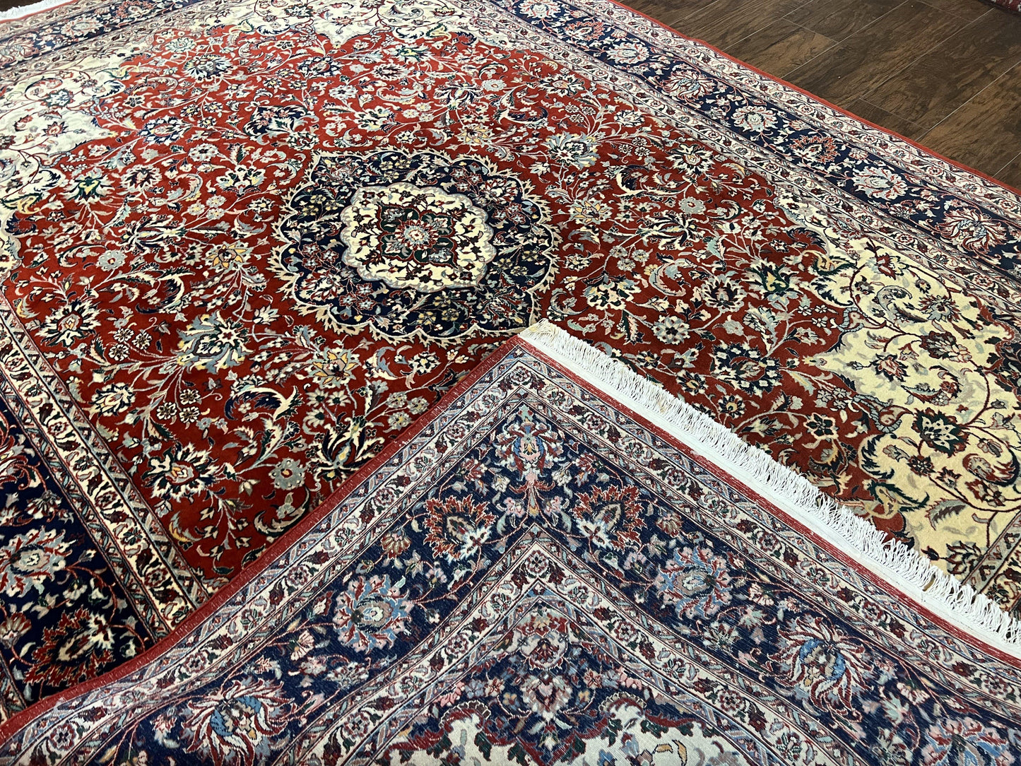 Fine Sino Persian Rug 7x10 ft, Floral Central Medallion Oriental Carpet, Red Navy Blue Cream, Hand Knotted Wool Traditional Vintage Rug