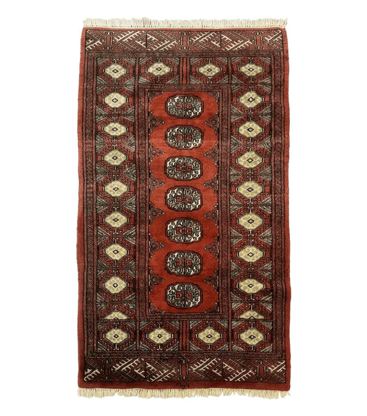 Red Pakistani Turkoman Rug 3x5, Bokhara Design, Vintage, Signed