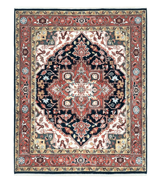 Vintage Indo Heriz Area Rug 8x10, Indo Persian Carpet 8 x 10, Red Dark Blue & Beige/Cream Indian Rug, Decorative Pattern, Wool, Hand-Knotted