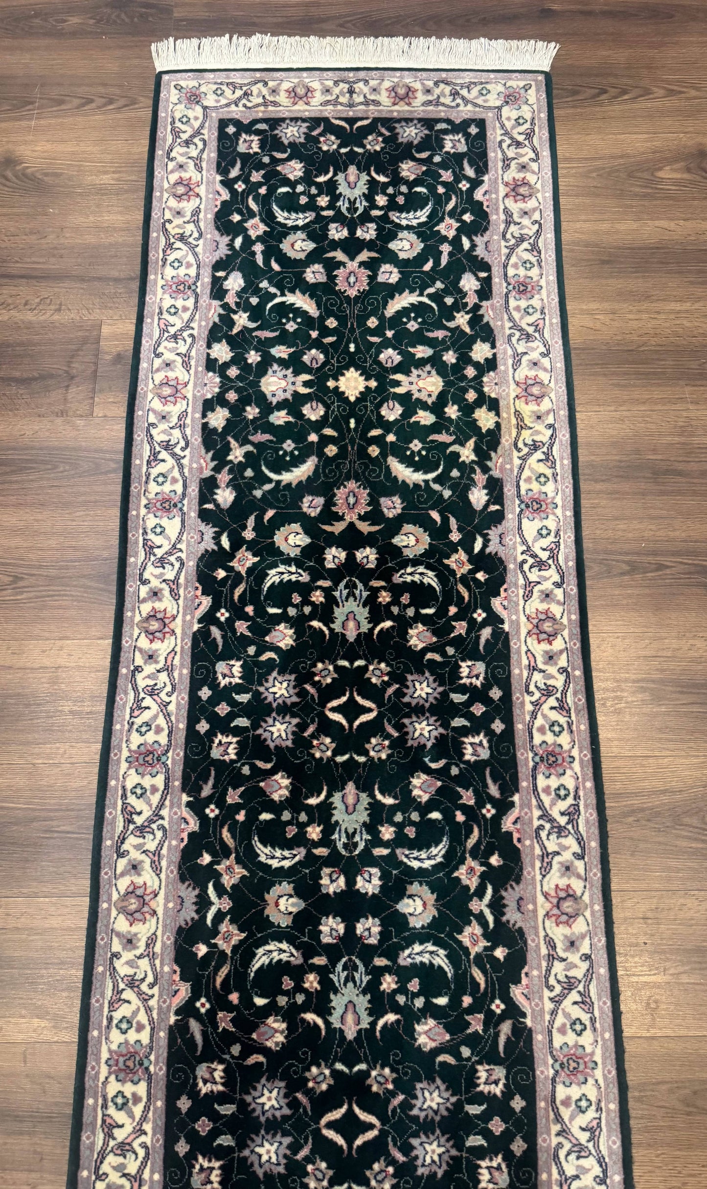 Pak Persian Runner Rug 2.6 x 10, Dark Green and Beige, Floral Allover
