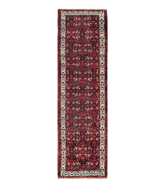 Persian Tribal Runner 3 x 9, Hamadan Dargazin Rug, Dark Blue and Red Wool Hand Knotted Hallway Rug, Vintage Antique Oriental Runner, 9ft Long Runner, Herati
