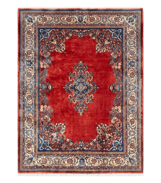 Semi Antique Persian Sarouk Rug 9x12,  Semi Open Field with Central Medallion, Hand Knotted Wool, Tomato Red, 9 x 12 Authentic Oriental Carpet