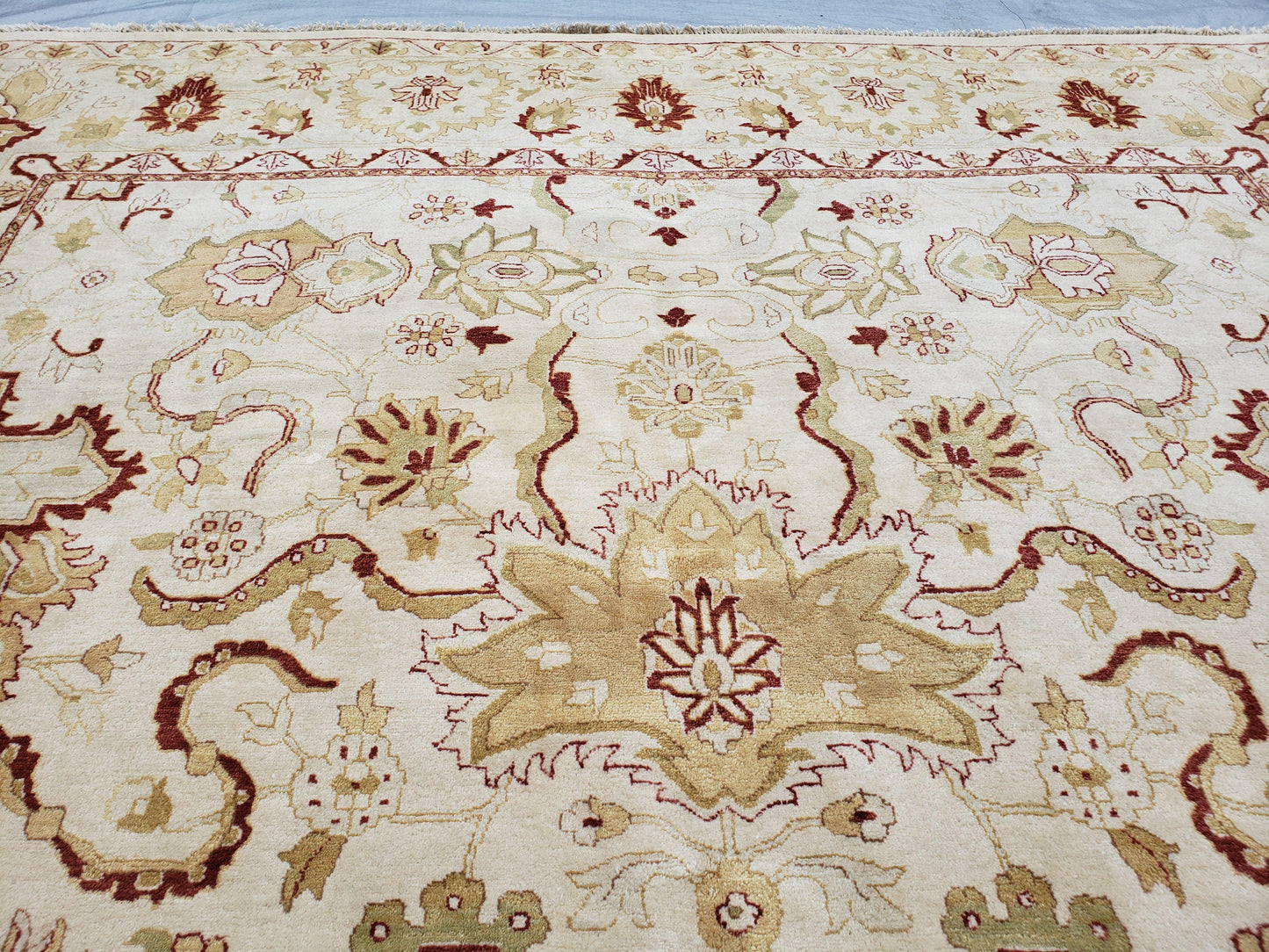 Vintage Oushak Area Rug, Hand-Knotted, Wool, Cream Beige Maroon, 10x15 Rug, 10x14 Rug, Large Oriental Carpet