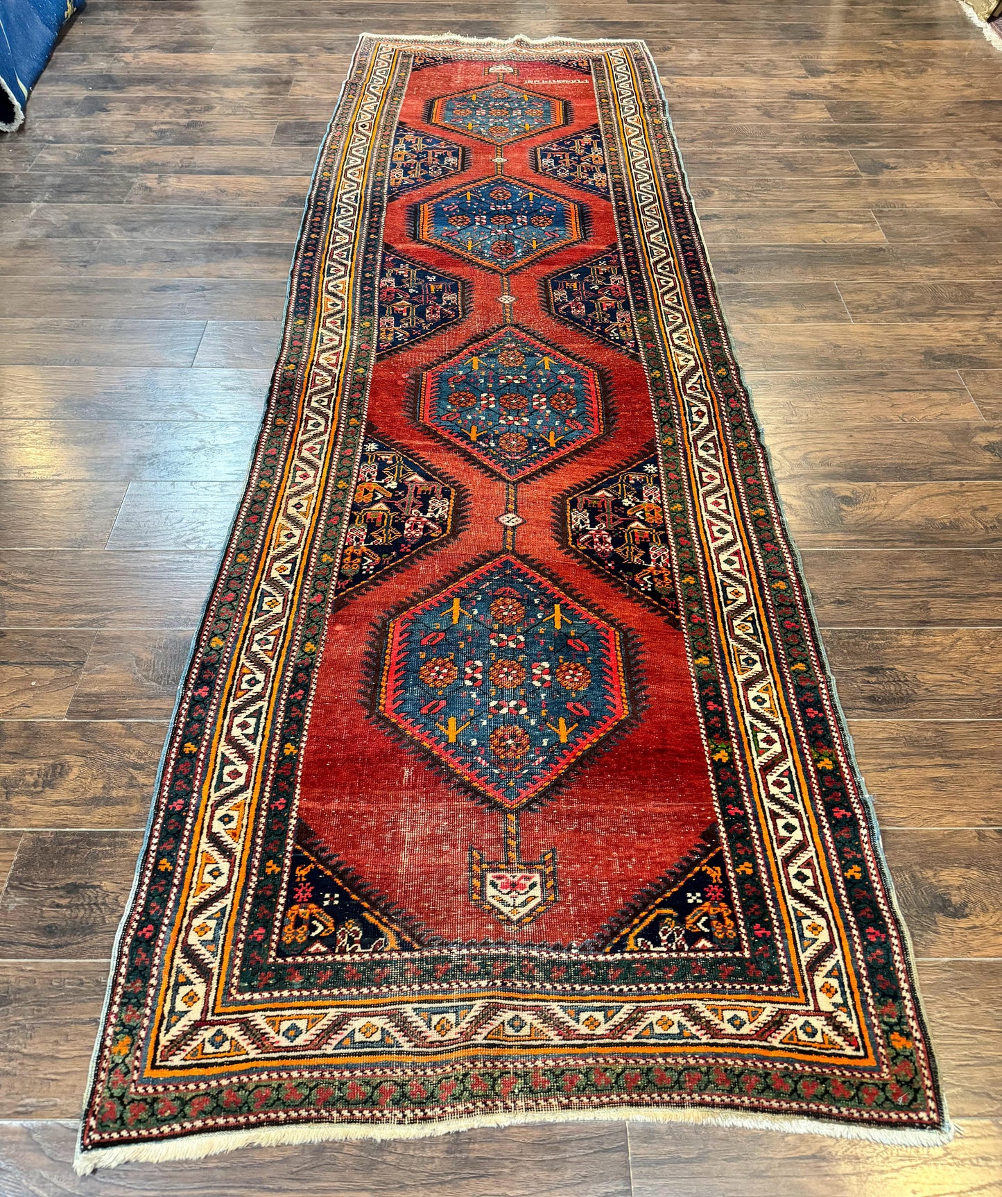 Antique Persian Sarab Runner Rug 3.9 x 12, Red, Handmade, Tribal Runner, Wool, Signed