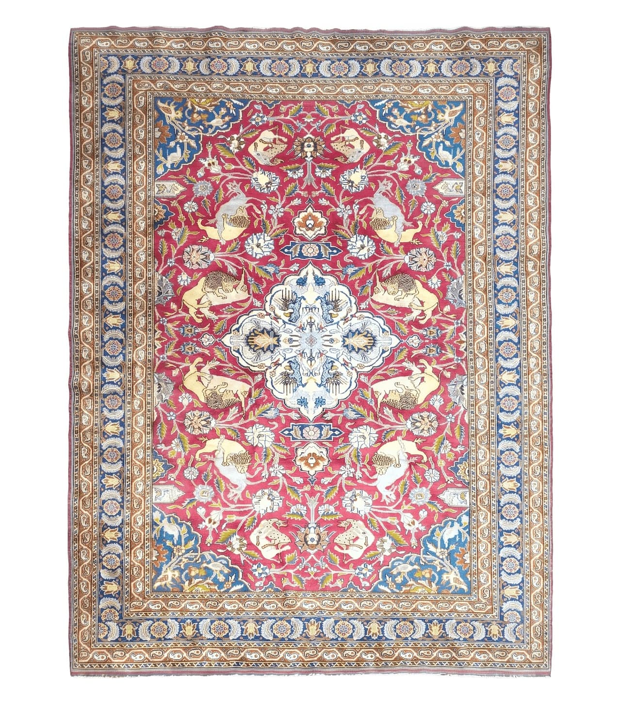 Antique Turkish Sivas Area Rug 8x11, Hand-Knotted, Vintage Red Wool Carpet, Gazelles Lions, Boteh Border, 8' x 11' Top Quality Oriental Rug