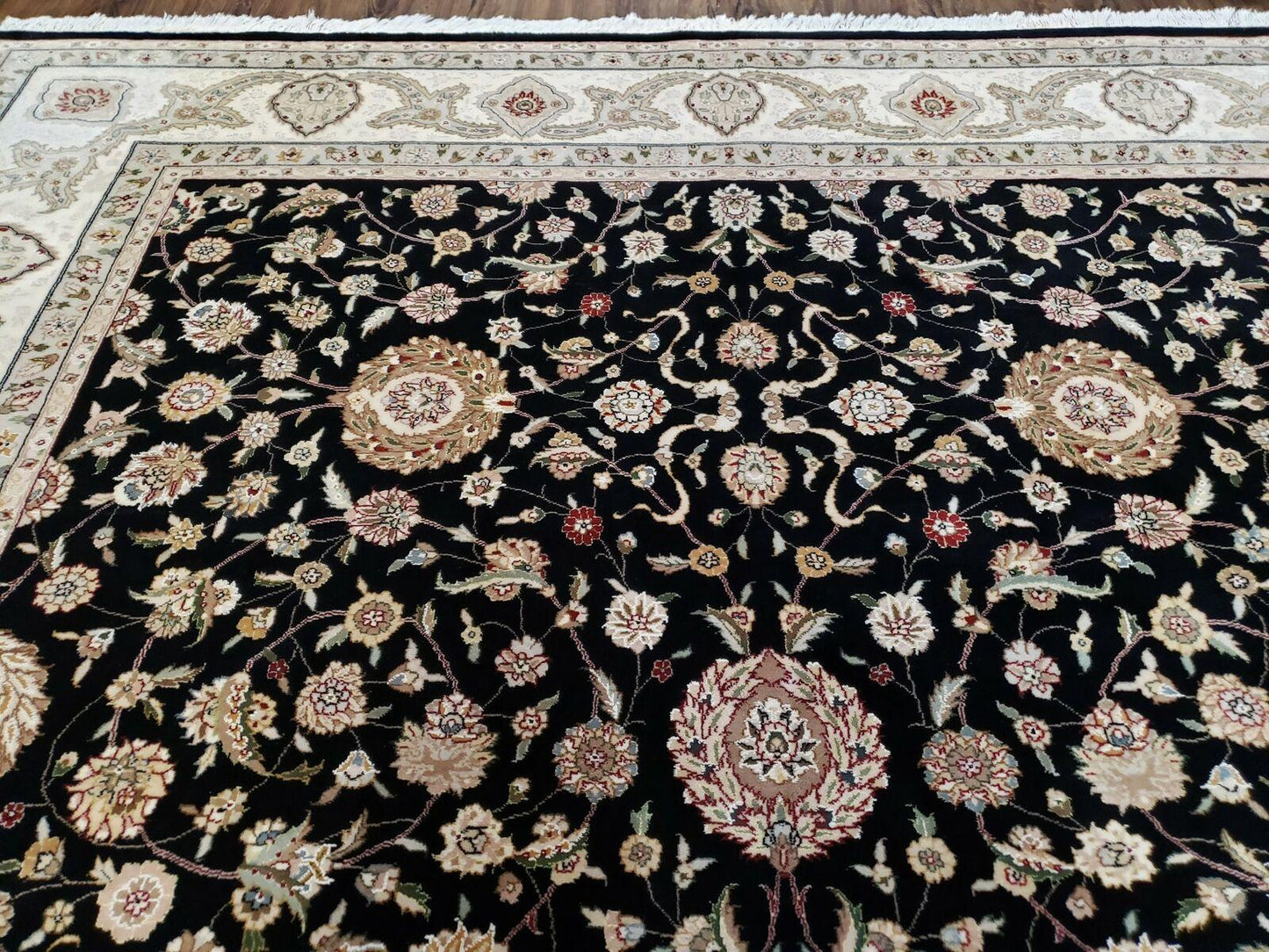 8' 5" X 11' 6" Vintage Handmade Oriental Floral Wool Rug Silk Accent Black Nice