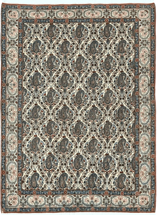 Persian Qum Rug 5x6, Cream Wool Hand Knotted Carpet, Repeated Boteh Paisely Design, Semi Antique Vintage Rug, Very Fine Weave 5 x 6 Rug