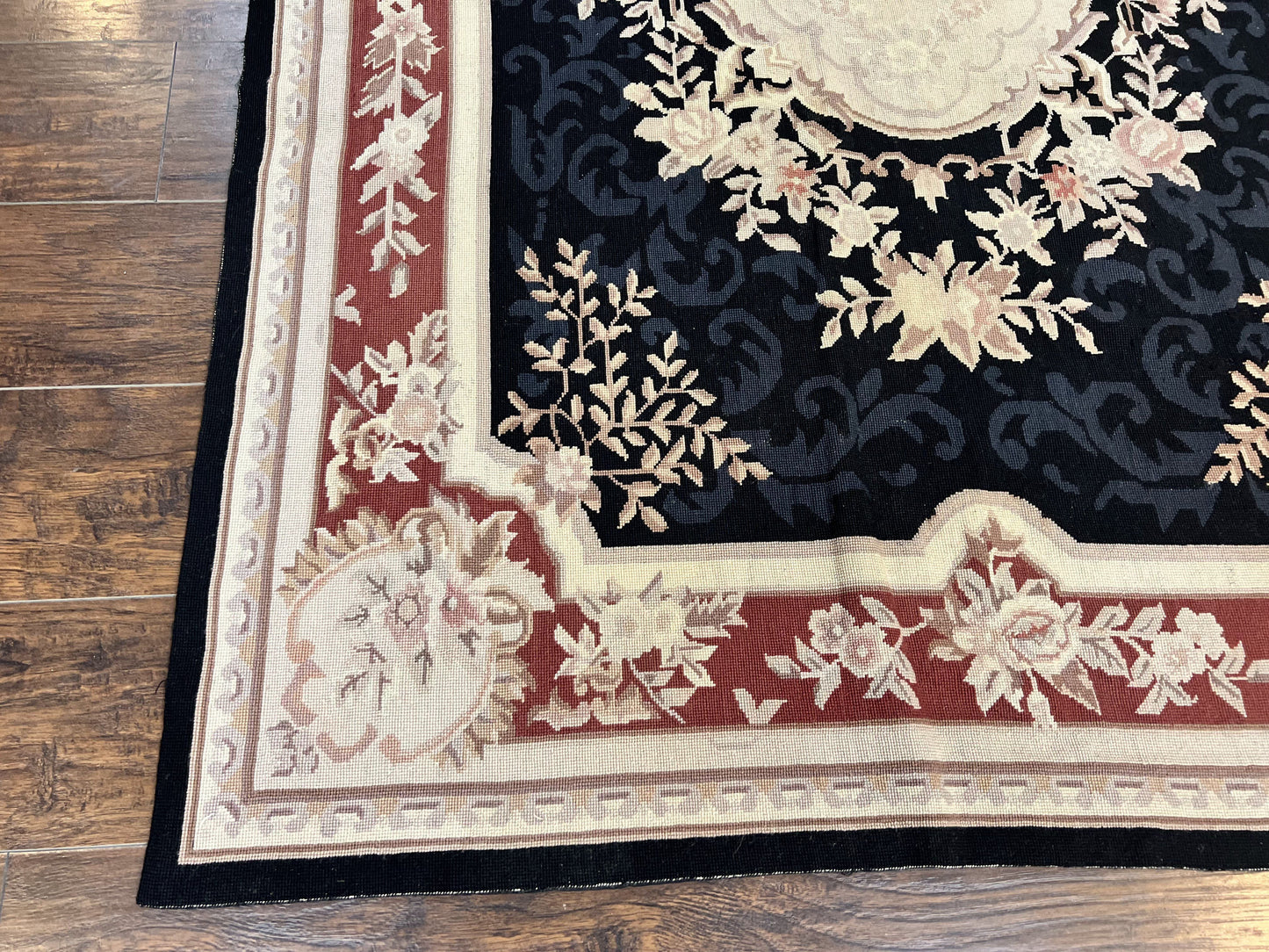 Needlepoint Rug 5x8, Wool Handmade Vintage European Design Carpet, Black & Maroon, French Aubusson Pattern Flatweave Rug