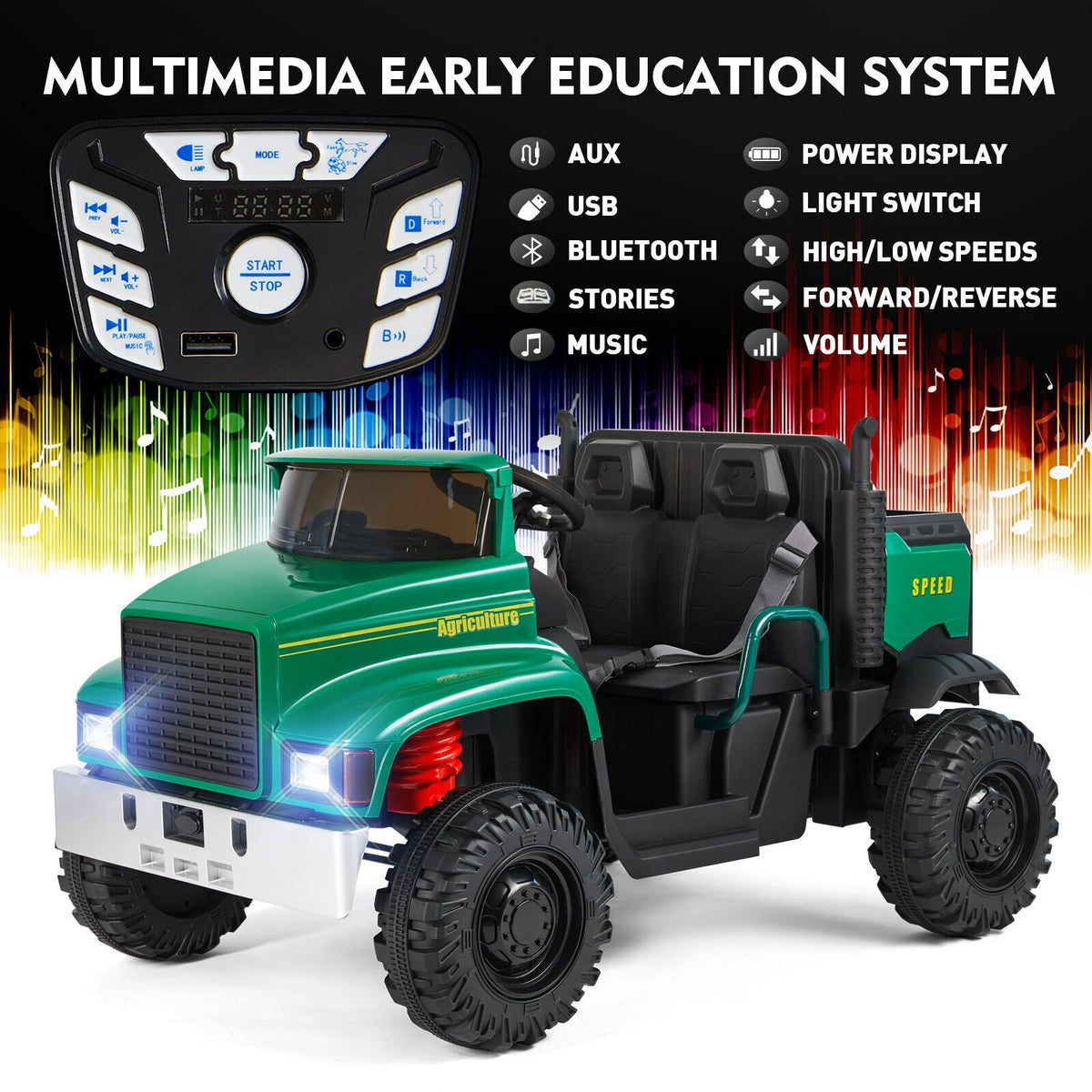 2-Seater Electric Ride-On Tractor with Dump Bed and 3-Speed RC - 24V Battery Powered Toy Car