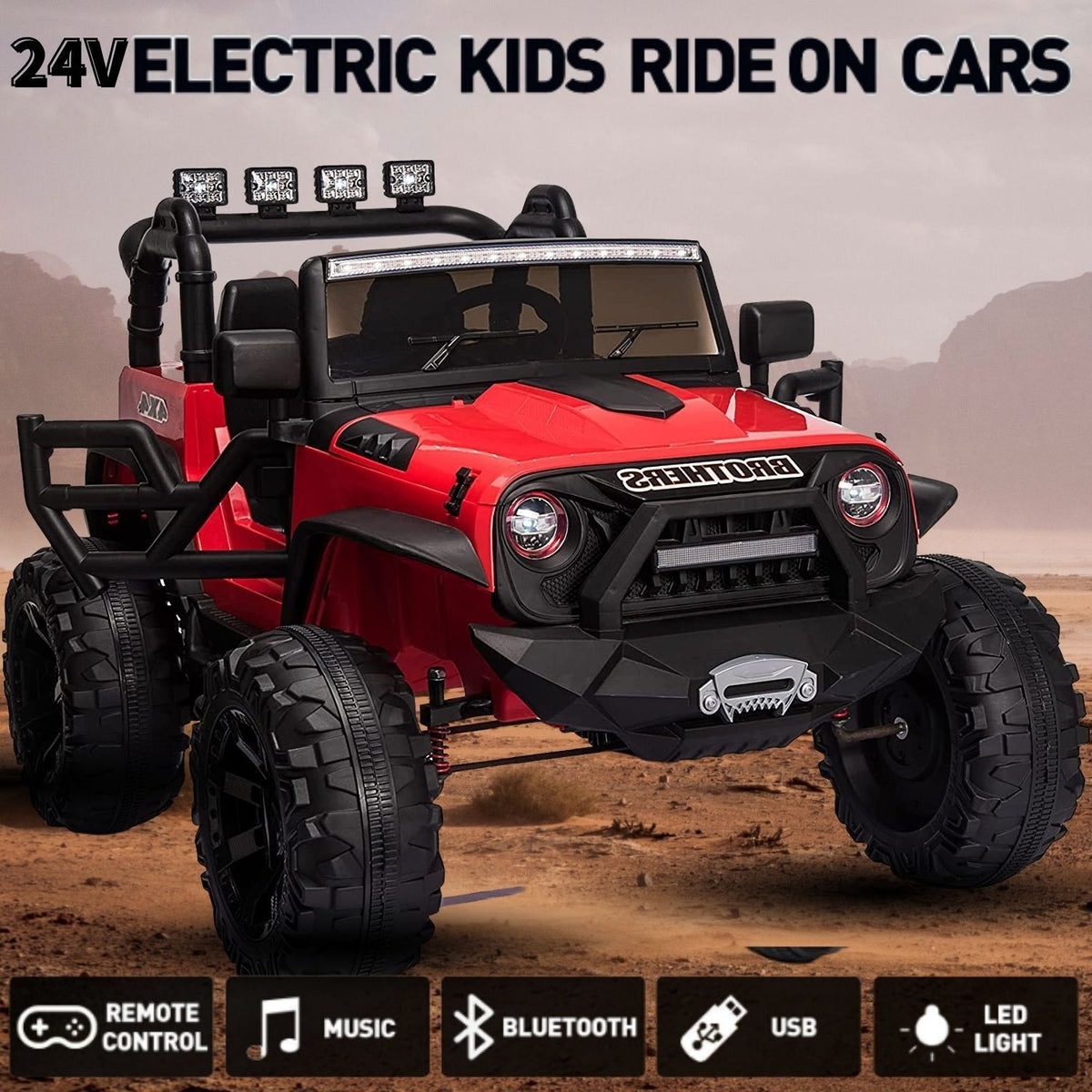 2-Seater Electric Jeep for Kids with Music, LED Lights, Remote Control, and USB Port - 24V Power Wheels