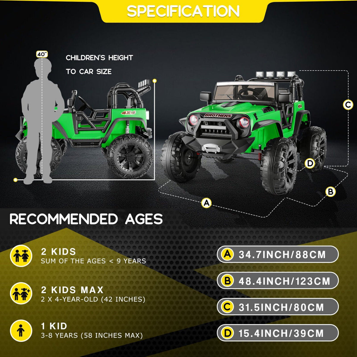 2-Seater Electric Ride On Jeep with 3 Speeds, MP3 Player, Remote Control, and LED Lights - Perfect for Kids!