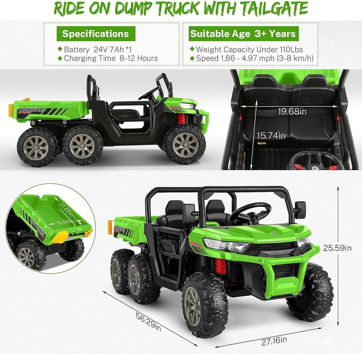 2-Seater Electric Truck Tractor with Dump Bed and Remote Control for Kids (24V)