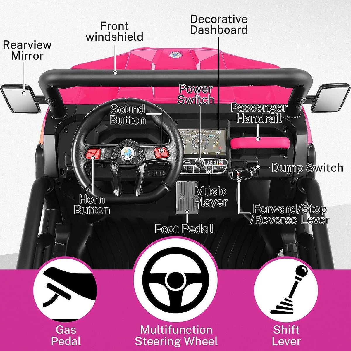 2-Seater Electric Truck Tractor for Kids with Dump Bed and 3 Speeds - 24V