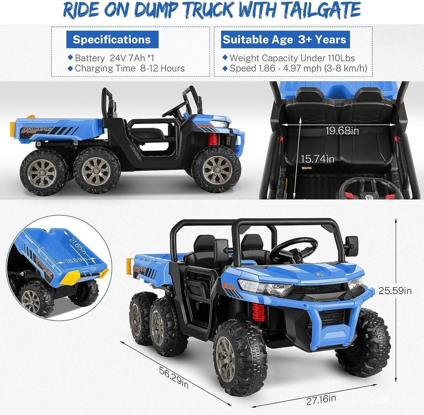 2-Seater Electric Truck Tractor for Kids with Dump Bed and 3 Speeds - 24V