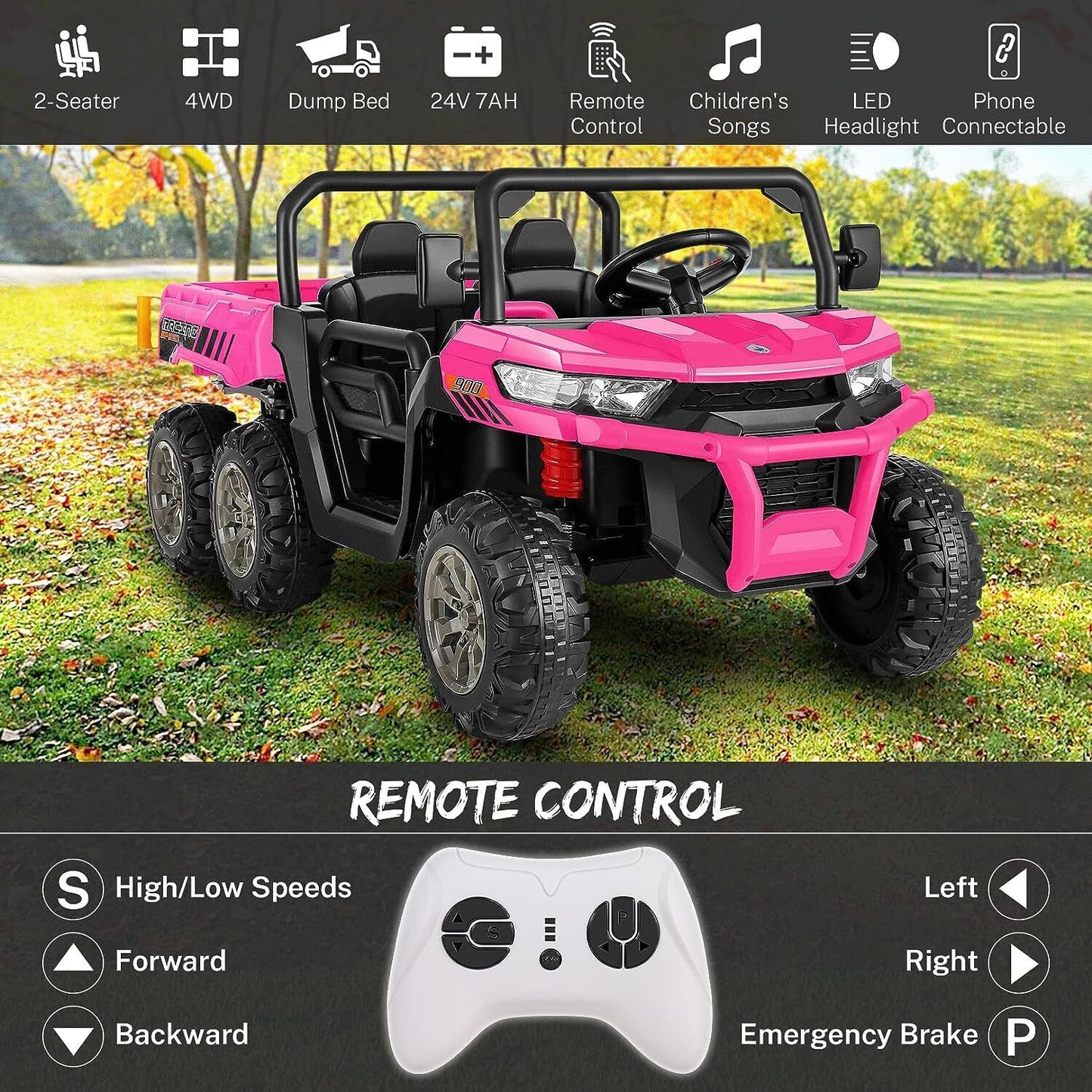 2-Seater Electric Truck Tractor with Dump Bed and Remote Control - 24V