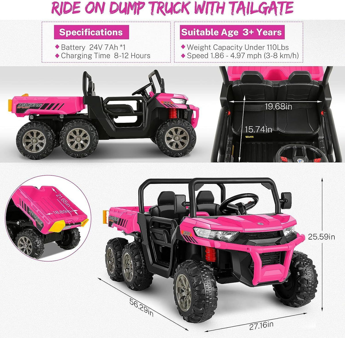 2-Seater Electric Truck Tractor with Dump Bed and Remote Control - 24V