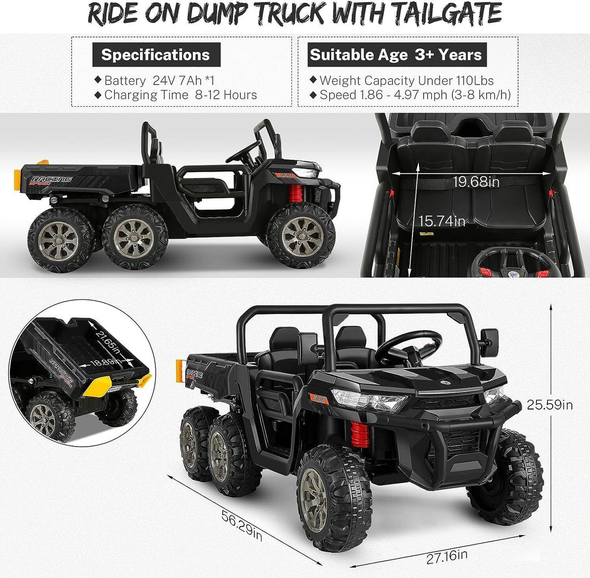 2-Seater Electric Truck Tractor with Dump Bed and Remote Control - 24V