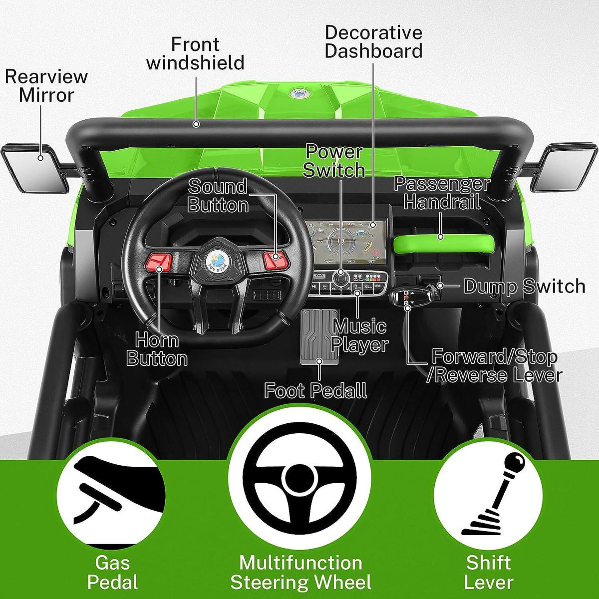 2-Seater Electric Truck Tractor with Dump Bed and Remote Control - 24V