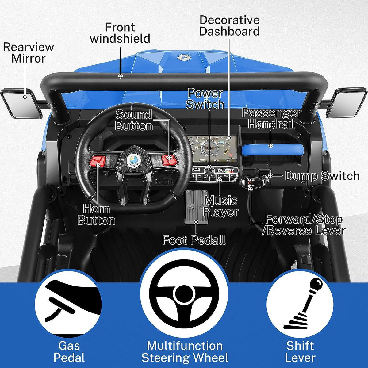 2-Seater Electric Truck Tractor with Dump Bed and Remote Control - 24V