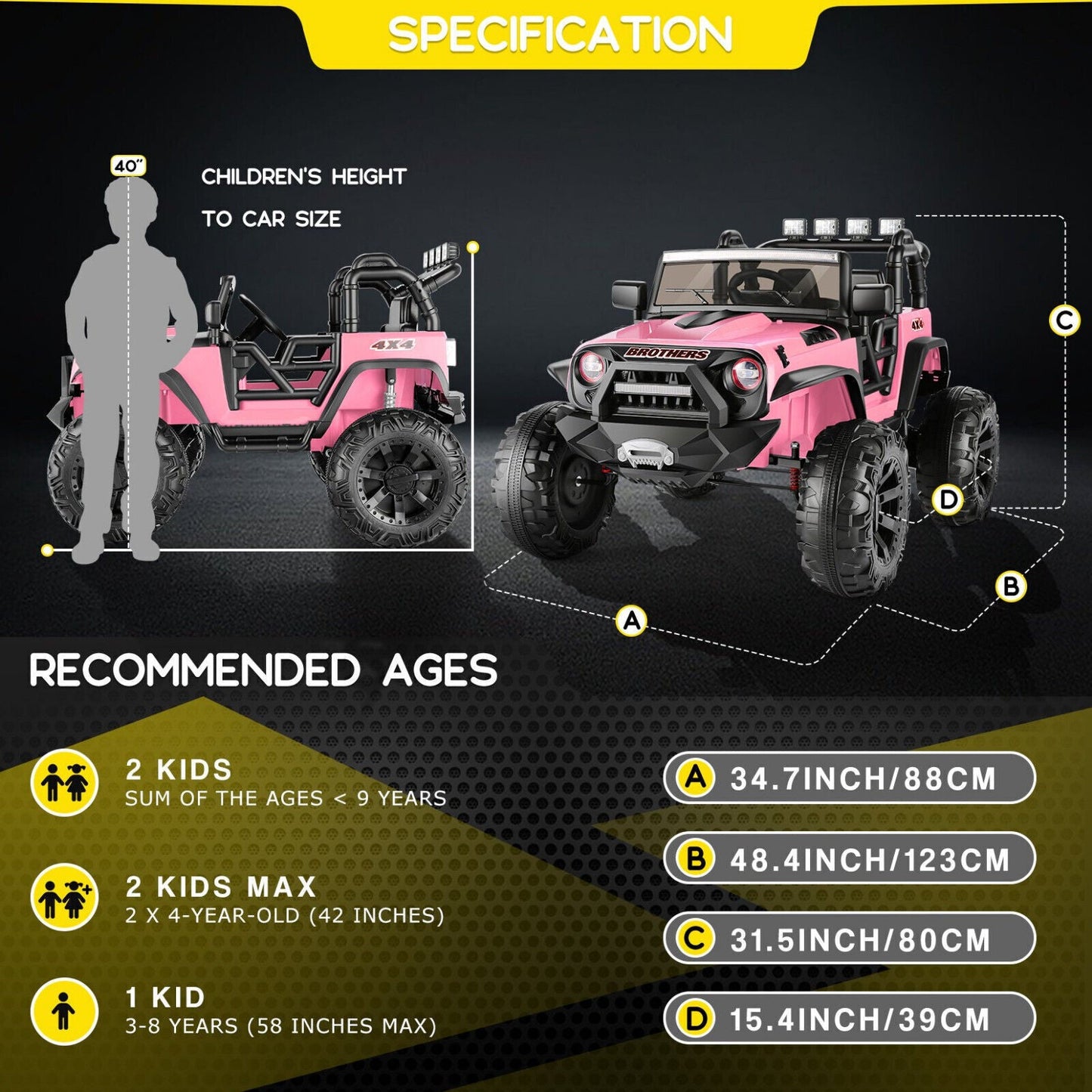 2 Seater Kids Ride On Truck Car with Remote Control - 3 Speeds, 24V Battery, 2*200W Motors - Perfect Gift for Children