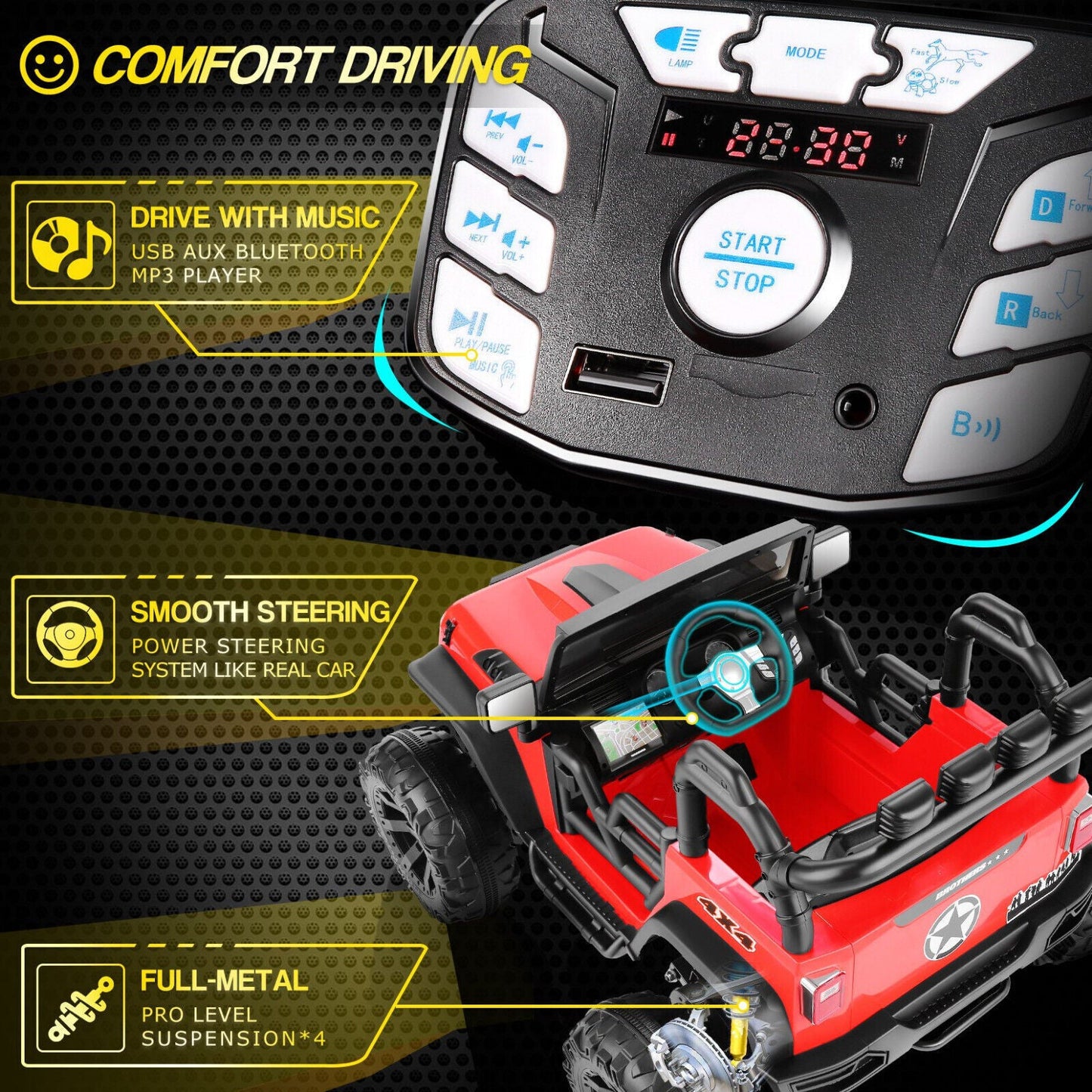 2-Seater Kids Ride on Truck with 3 Speeds, LED Light, and Remote Control - 24V 2x200W