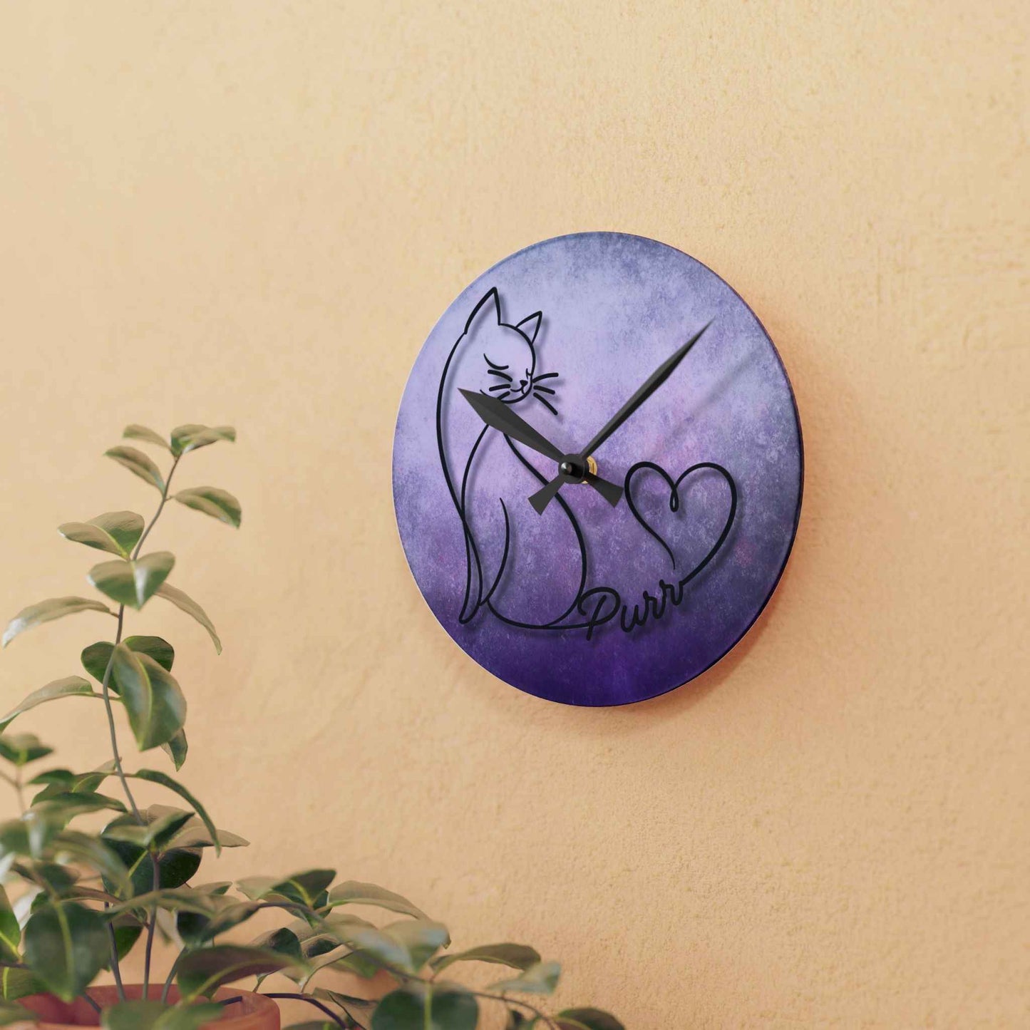 Purr Cat Heart Acrylic Wall Clock – Minimalist Cat Lover Decor