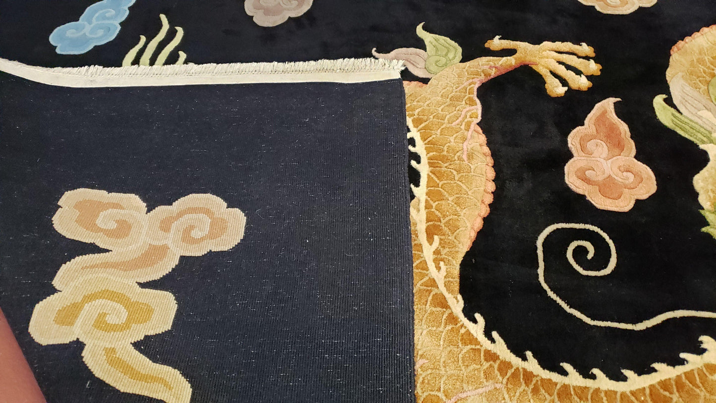 Rare Antique Chinese Art Deco Rug 6x9 with Dragon, Black Chinese Carpet 6 x 9, Hand Knotted Wool Area Rug