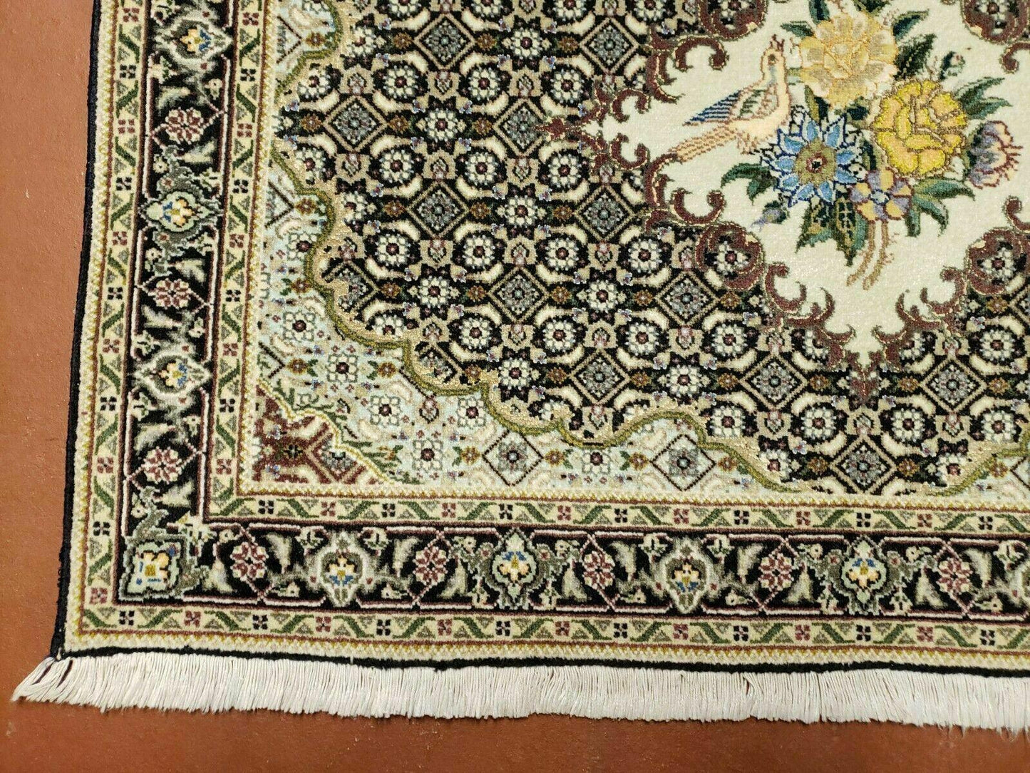 Small Persian Rug 2.4 x 3, Birds and Flowers, Finely Hand Knotted