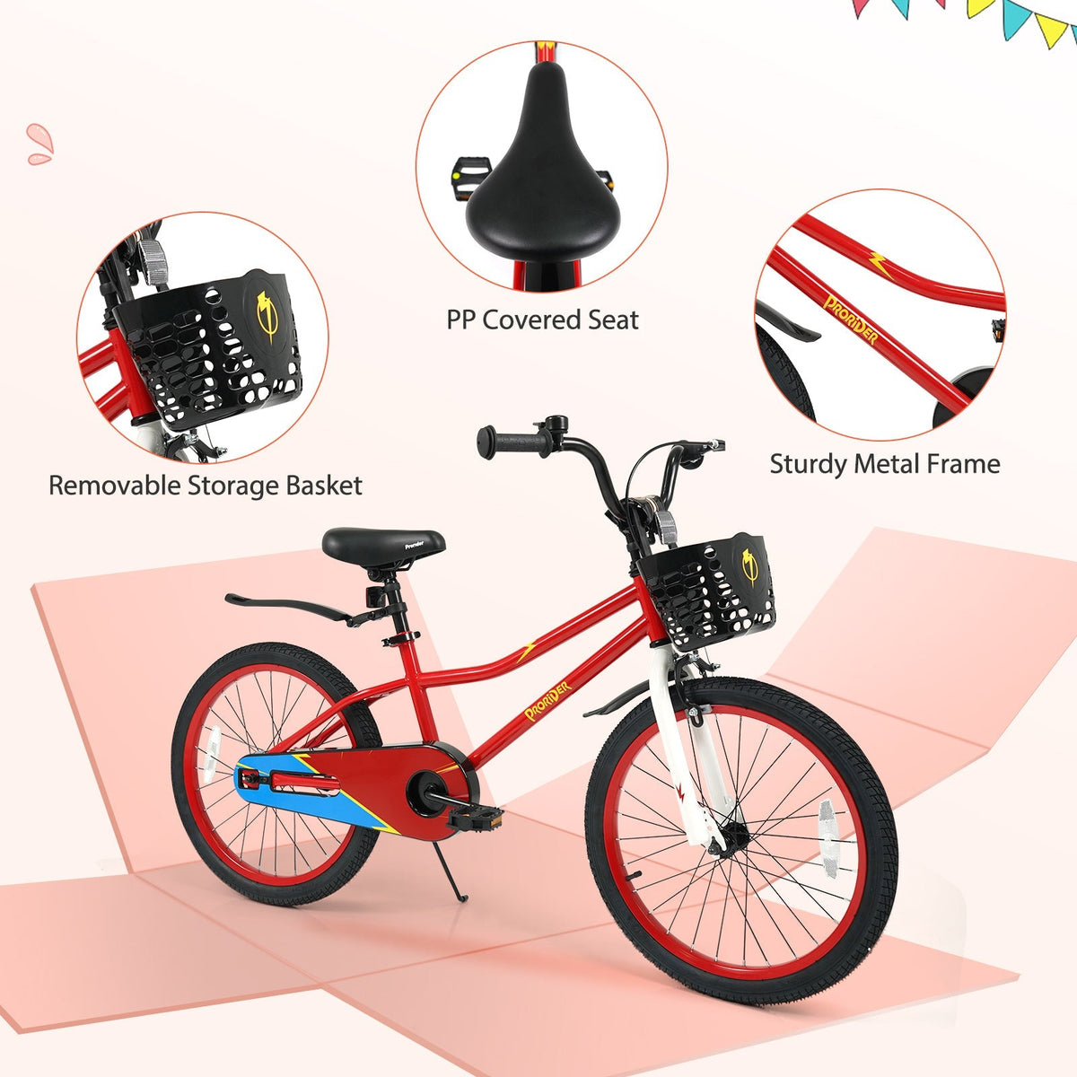 20 Inch Kids Bike Adjustable with Kickstand and Storage Basket for Aged 8+ Years