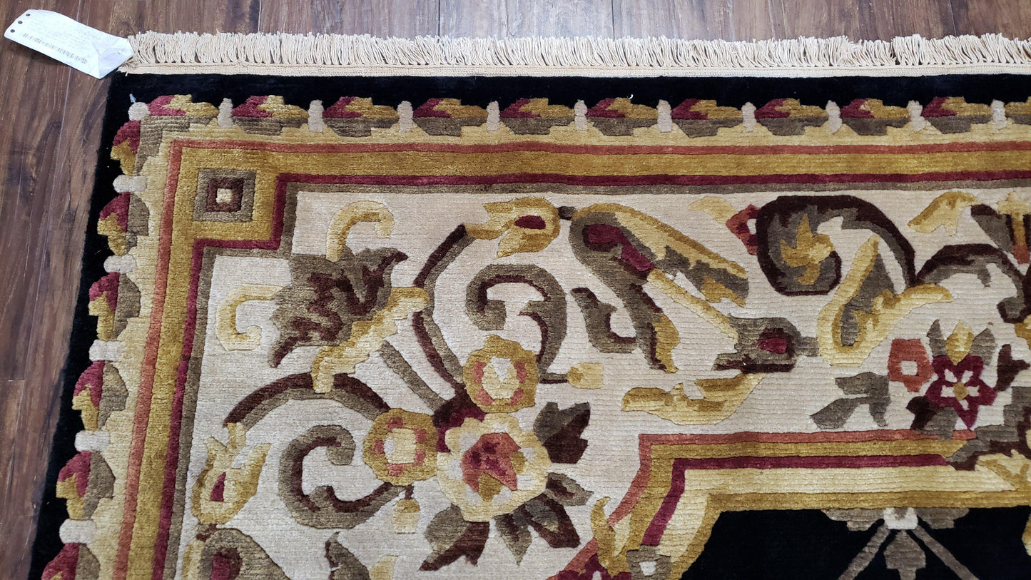 Nepal Rug 6x9, New Aubusson Nepalese Tibetan Carpet 6'1" x 8' 8", Hand-Knotted Wool, Unused, Black & Cream, Savonnerie Pattern, Soft Pile