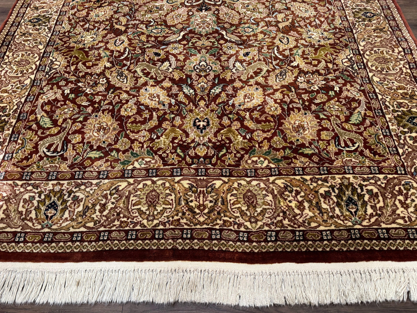 Tree of Life Indian Kashmiri Rug 6x9, Rust Red and Cream, Animal Pictorials, Fine 290 KPSI