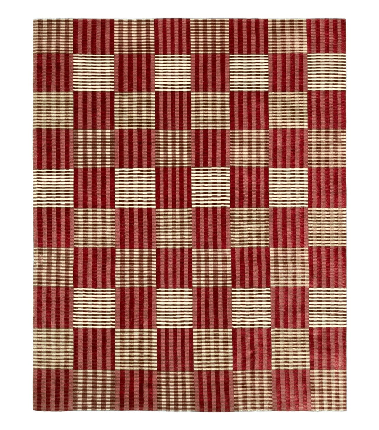 Modern Tibetan Rug 8x10, Hand Knotted Contemporary Nepali Carpet 8 x 10, Checkerboard Design, Red Cream Light Brown, Very Fine Wool & Silk
