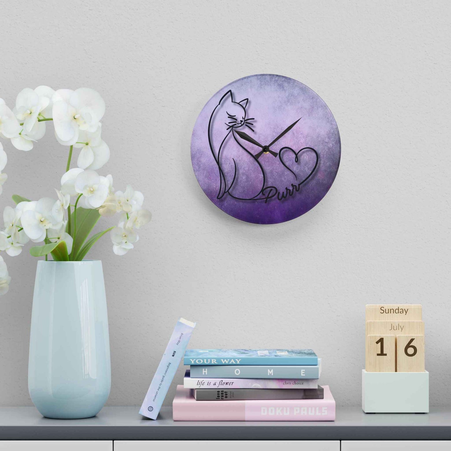 Purr Cat Heart Acrylic Wall Clock – Minimalist Cat Lover Decor