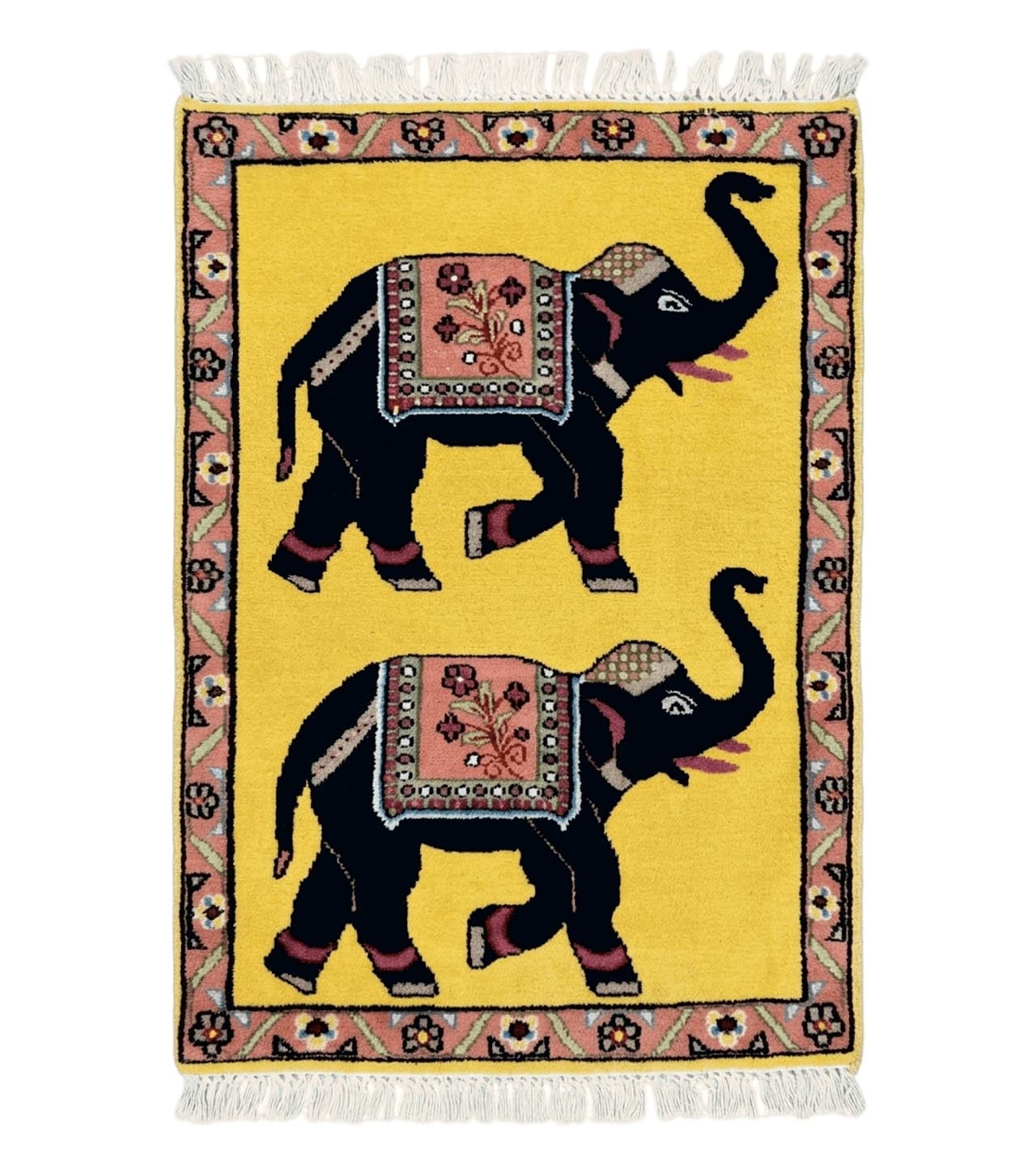 Unique Indian Pictorial Rug 2x3, Small Wool Hand Knotted Oriental Carpet, Yellow, Two Elephants, Handmade