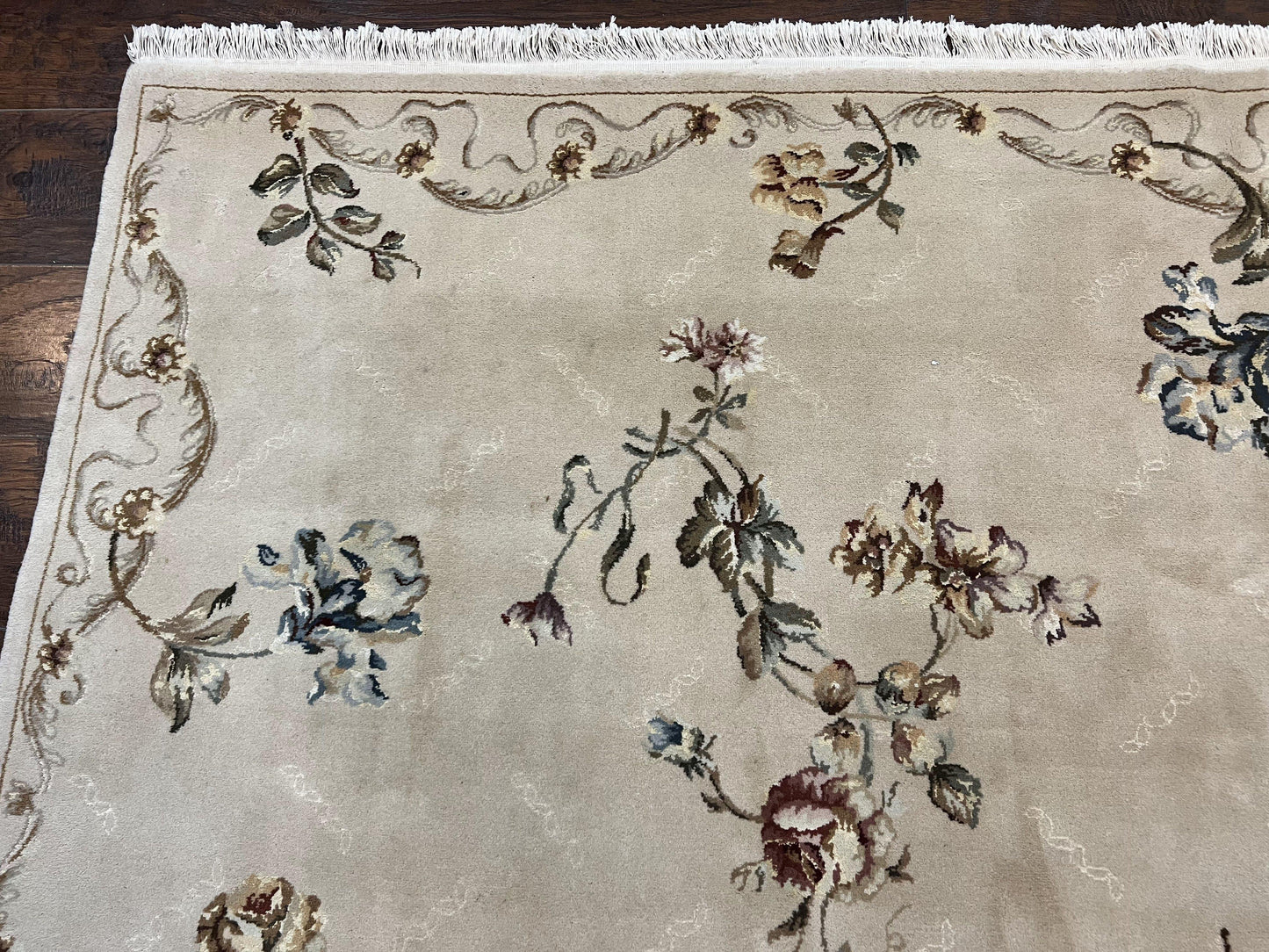 Chinese 120 Line Rug 8x10, Chinese Aubusson Wool & Silk Highlights Handmade Vintage Carpet, Beige Fine Weave Rug, Floral European Design