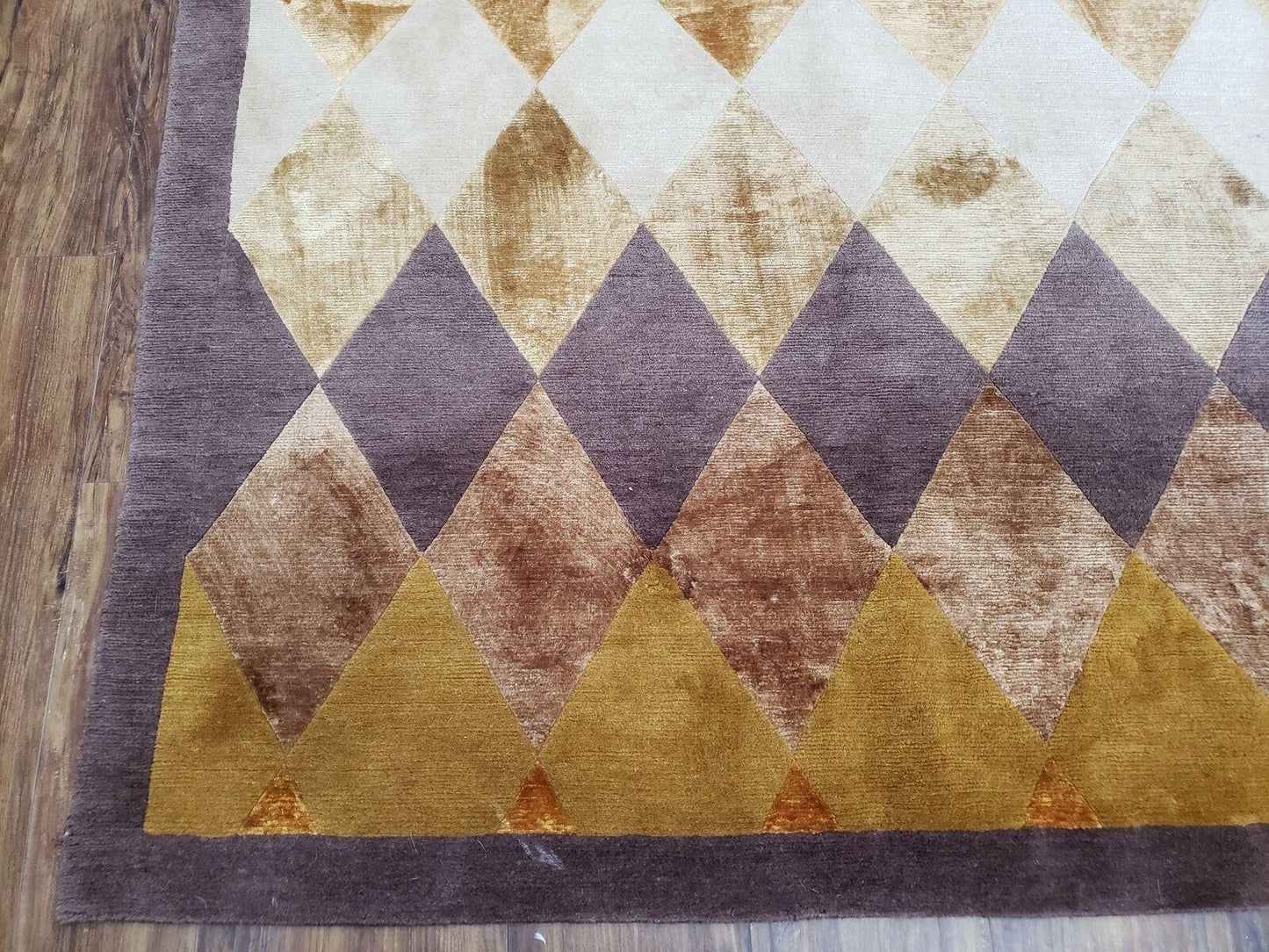 Modern Tibetan Rug 8.6 x 11, Wool and Silk, Multicolor, Diamond Panel Design