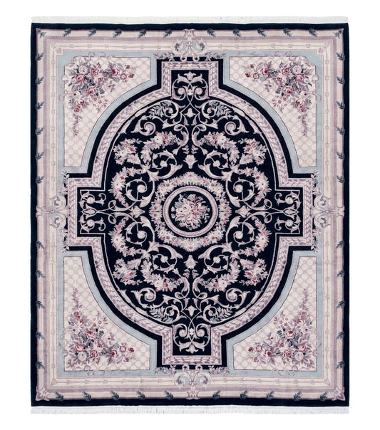 8x10 Aubusson Rug, Fine Hand Knotted Wool Carpet, French European Design, Black & Ivory