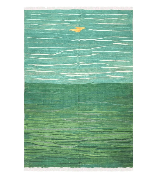 Green Turkish Kilim Rug, 6x9 - 7x10 Rugs, Bird, Handmade New Area Rug, Wool, Bohemian Boho Decor, Hand Woven, Modern Abstract Flat Weave Rug