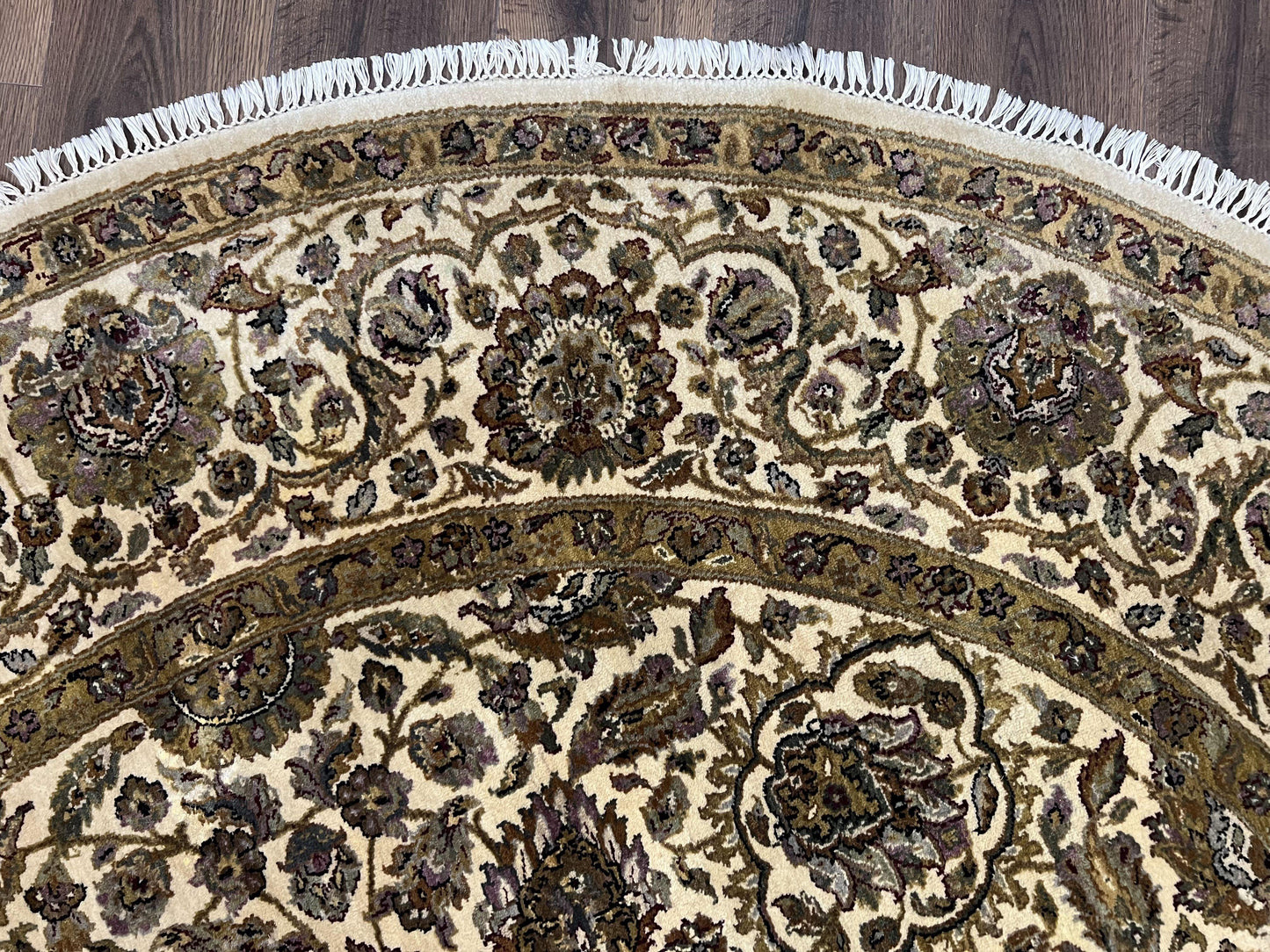 Round Indo Persian Rug 8x8 ft, Large Hand Knotted Vintage Wool Circular Carpet, 8ft Round Oriental Rug, Floral Medallion, Cream and Green