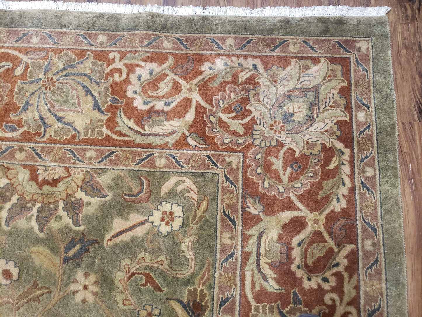 Green Indo Mahal Area Rug 9x12, Wool Hand-Knotted Carpet