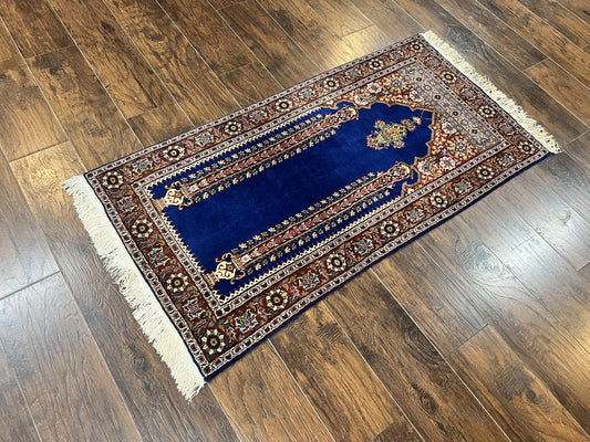 Indo Persian Prayer Rug 3x5, Fine Oriental Carpet, Dark Blue and Red, Vintage Hand Knotted Handmade Prayer Rug