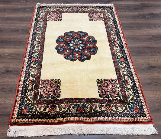 Persian Bidjar Rug 3x5, Open Field Medallion, Hand Knotted, Ivory/Cream Red Blue, Wool Oriental Bijar Carpet, 3 x 5 Vintage Area Rug, Floral Roses, Fine