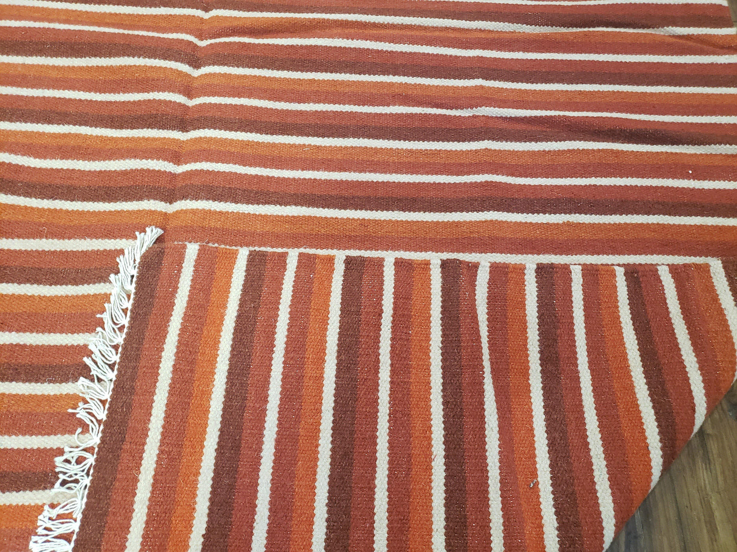 Large Striped Woolen Handmade Throw Blanket, Twin Size Bedding Hand-Woven, Indian Kilim Area Rug, 6x8 - 7x8, South American Style Textile