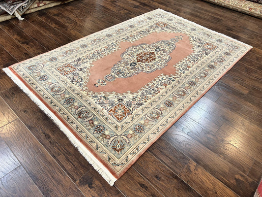 Indo Persian Rug 6x9, Semi Open Field Medallion Rug, Vintage Hand Knotted Wool Oriental Carpet, Traditional Rug, Light Pink, Medium Size