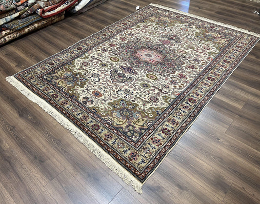 Turkish Sivas Rug 7x9, Vintage Wool Hand-Knotted Carpet, Ivory Cream Purple Tan, Floral Medallion Rug, Fine Oriental Carpet, Medium Size Rug
