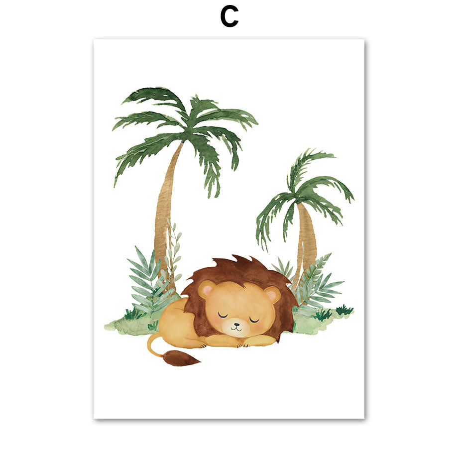 Lion Elephant Giraffe Jungle Animal Nursery Wall Art Canvas